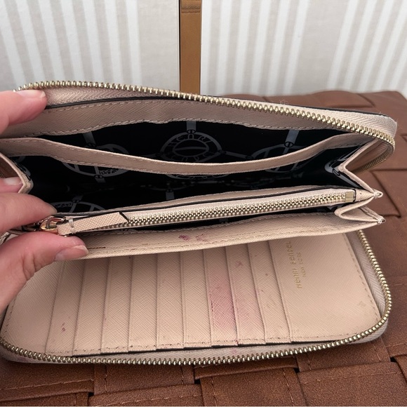 Henri Bendel West 57th Zip Around Continental Wallet Tan Beige Saffiano Leather - Picture 7 of 9